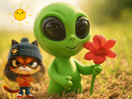 a green alien is holding a flower next to a cat