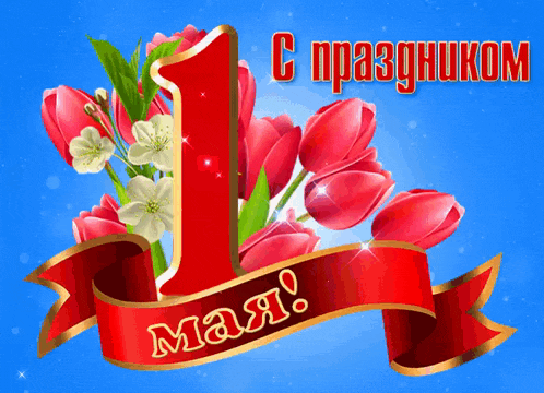 a greeting card with red flowers and a red ribbon that says may