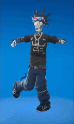 a skeleton wearing 3d glasses and a mohawk jumping in the air