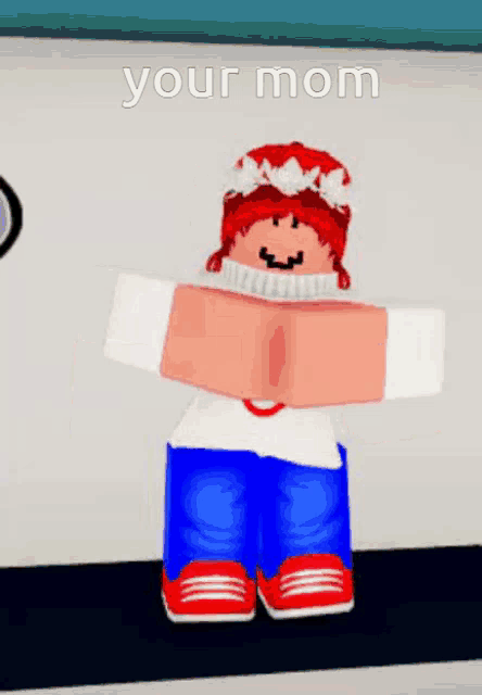 a cartoon character is standing in front of a white wall with the words `` your mom '' written on the bottom .