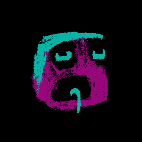 a purple and blue drawing of a face with a worm sticking out of it 's mouth