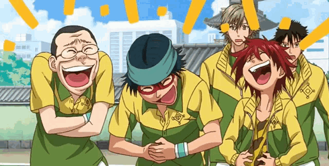 a group of anime characters are laughing and one of them has a yellow shirt with the letter o on it