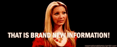 a woman is standing in front of a black background with the words `` that is brand new information '' written on it .