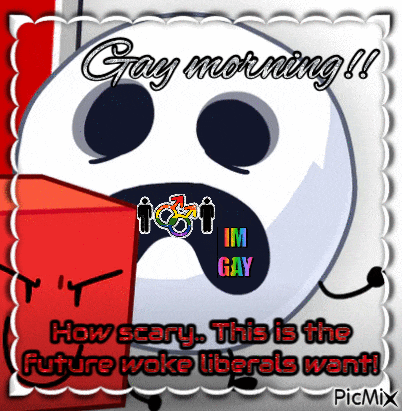 a picture of a bowling ball with the words " gay morning " written on it