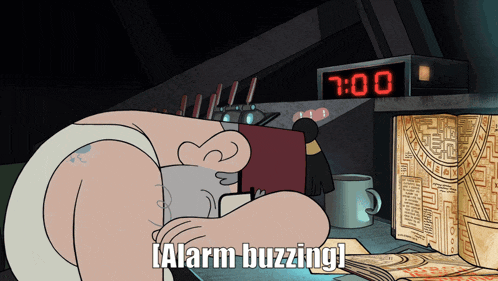 a cartoon says alarm buzzing in front of a clock