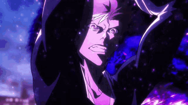 a close up of a person with purple eyes