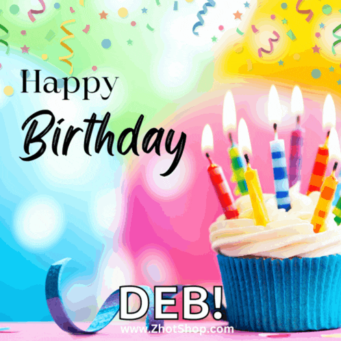 a birthday card for deb with a cupcake with candles on it