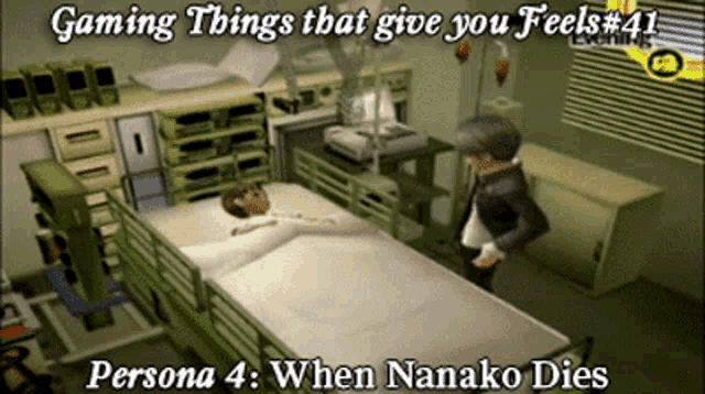 a cartoon of a man standing next to a hospital bed with the words gaming things that give you feels # 41