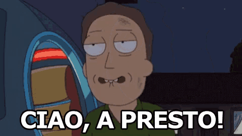 a cartoon character says " ciao a presto " in front of an airplane door