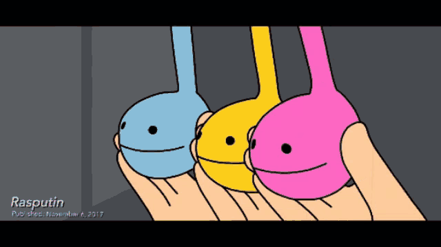 a cartoon of a person holding three different colored objects with the name rasputin written below them
