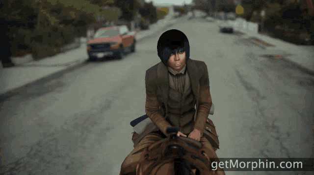 a woman riding a horse on a street with a website called getmorphin.com behind her
