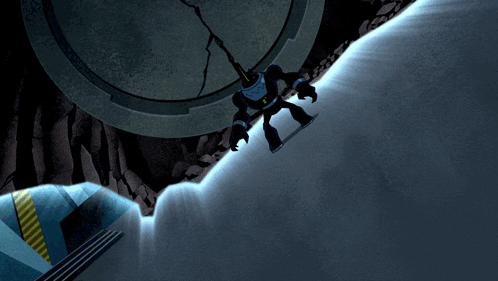 a robot is flying through the air with a purple sphere behind it
