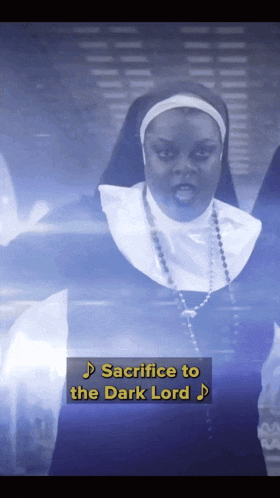 a nun singing sacrifice to the dark lord in a video