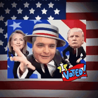 a picture of donald trump hillary clinton and a man in a fedora