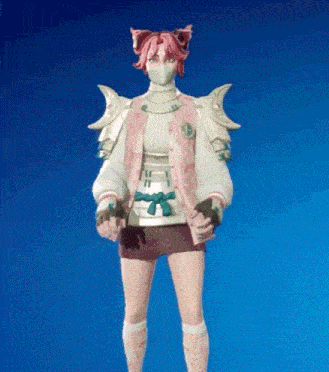 a girl wearing a mask and a pink jacket is standing on a blue background .