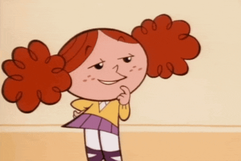 a cartoon girl with red hair and freckles is smiling with her eyes closed