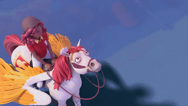 a cartoon character is riding on the back of a bird with wings