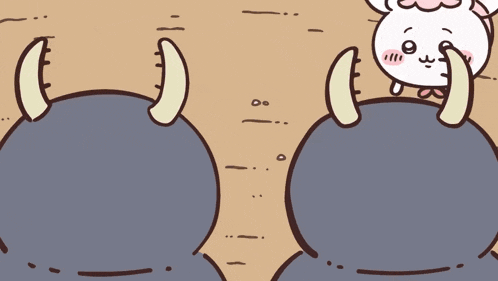 a cartoon drawing of a monster with horns and a bunny with wings