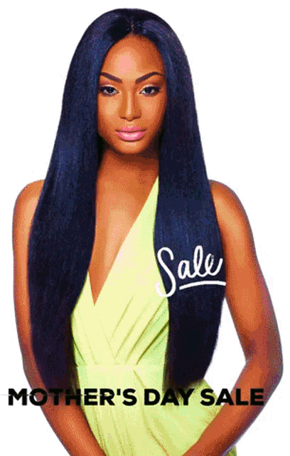 a woman in a yellow dress with long black hair is advertising mother 's day sale