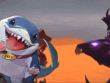 a cartoon shark with a collar that says jeff