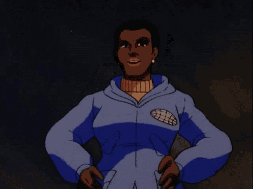 a woman with glasses and a blue jacket is flexing her arms