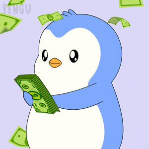 a blue and white penguin is holding a stack of green dollar bills with the letters g on them