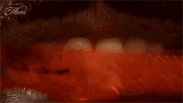 a close up of a person brushing their teeth with the word them on the bottom right