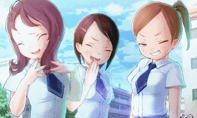 three anime girls are standing next to each other laughing