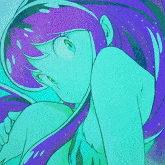 a drawing of a girl with pink hair and green and blue hair