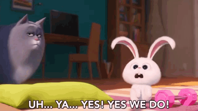 a cat and a rabbit are standing next to each other and the rabbit says " uh ya yes yes we do "