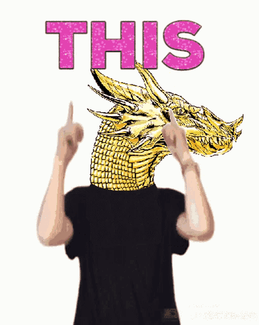 a man in a black shirt is holding up his fingers in front of a picture of a dragon and the word this