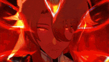 a close up of a person 's face in a video game with a red background .