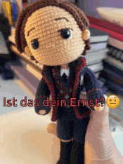 a person is holding a crocheted doll with the words ist das dein ernst
