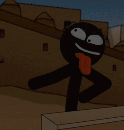 a black stick figure with a red tongue sticking out is smiling
