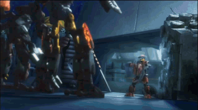 a group of robots are standing around a fire
