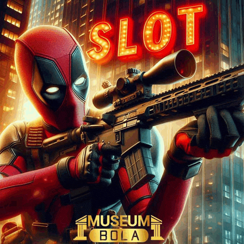 deadpool holding a gun in front of a sign that says slot museum bola
