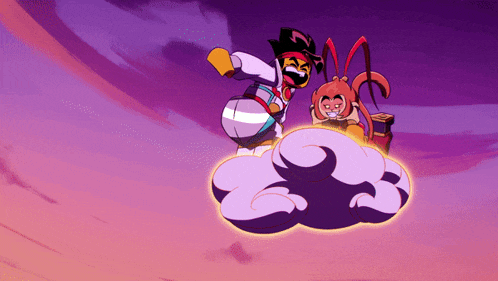 a man and a monkey are flying on a cloud in the sky