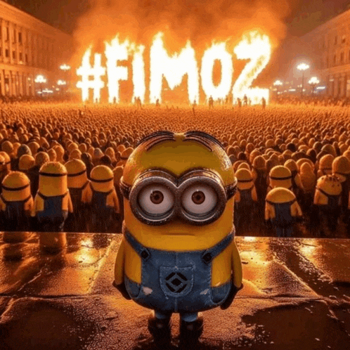 a minion is standing in front of a crowd of minions with the word fimoz written in flames