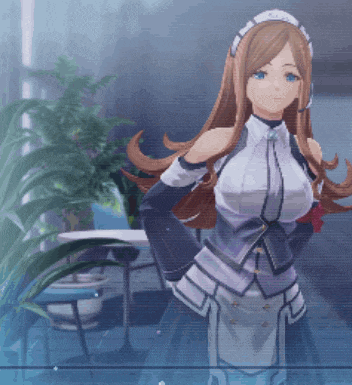 a girl with long brown hair is wearing a maid outfit and a headset