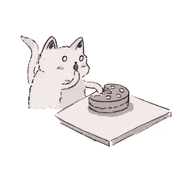 a drawing of a cat standing next to a cake on a table