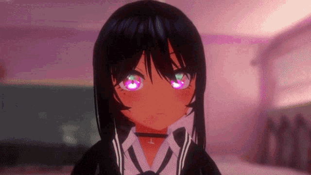 a close up of a girl with glowing eyes in a room