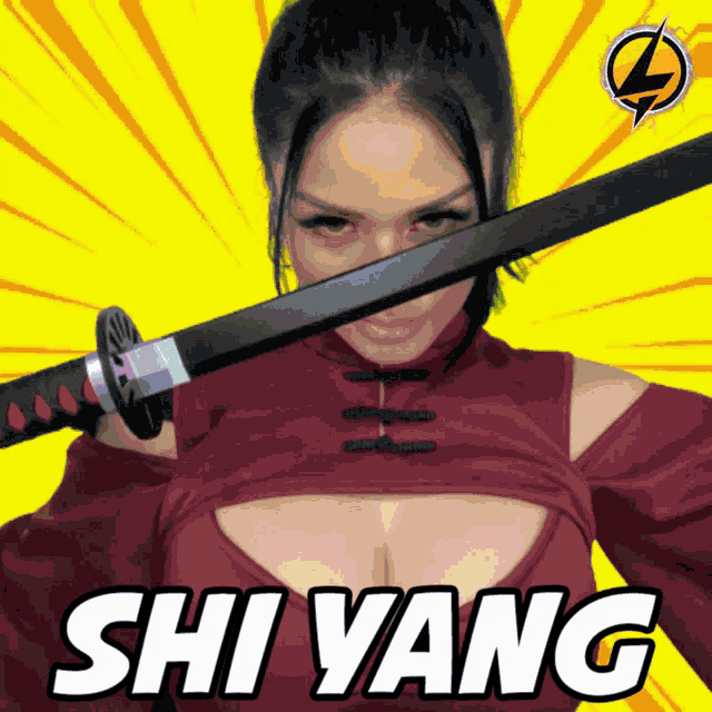 a woman holding a sword with shi yang written in white letters