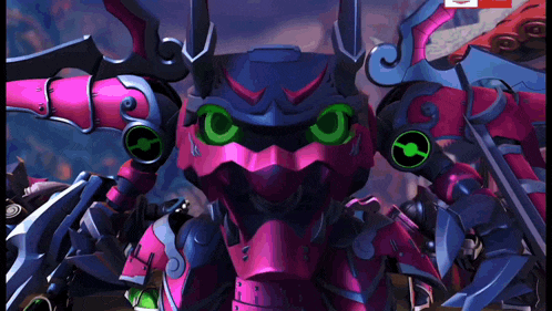 a purple robot with green eyes and a circle on its face