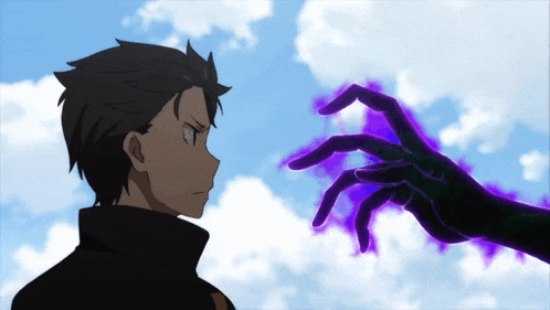 a man stands in front of a purple hand that is reaching out towards him