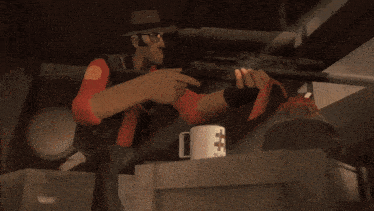 a cartoon character holding a sniper rifle in front of a coffee mug with a cross on it