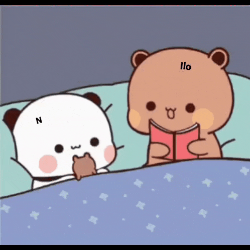 a cartoon bear is reading a book to another bear in bed
