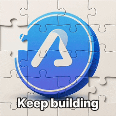 a puzzle with a blue app store logo and the words keep building below it