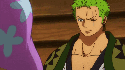 a cartoon character with green hair and ear rings