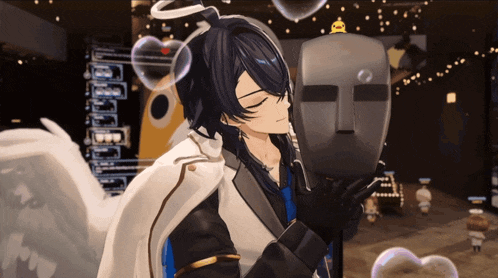 a cartoon character is holding a mask in front of his face