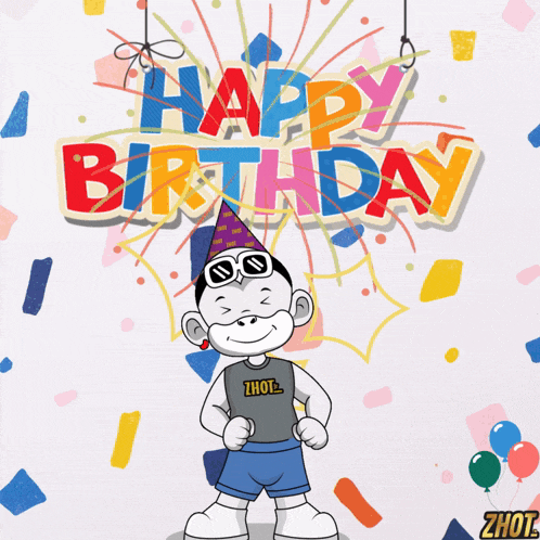 a happy birthday card with a cartoon character wearing a party hat
